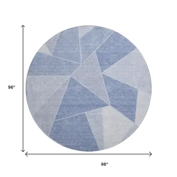 8' Sky Blue And Ivory Geometric Washable Round Rug With UV Protection