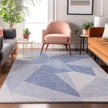 8' X 10' Sky Blue And Ivory Geometric Washable Area Rug With UV Protection