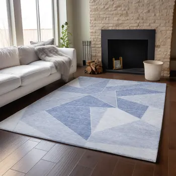 8' X 10' Sky Blue And Ivory Geometric Washable Area Rug With UV Protection