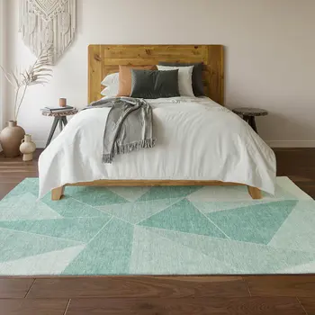 3' X 5' Teal And Ivory Geometric Washable Area Rug With UV Protection
