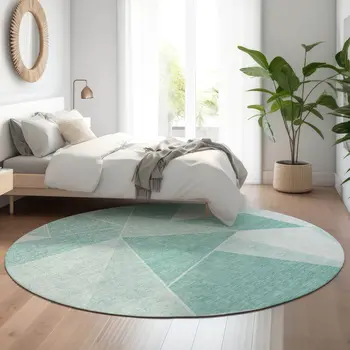 8' Teal And Ivory Geometric Washable Round Rug With UV Protection