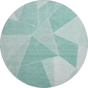 8' Teal And Ivory Geometric Washable Round Rug With UV Protection