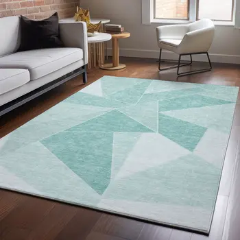 8' X 10' Teal And Ivory Geometric Washable Area Rug With UV Protection