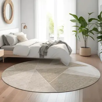 8' Taupe And Ivory Geometric Washable Round Rug With UV Protection