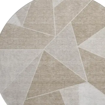 8' Taupe And Ivory Geometric Washable Round Rug With UV Protection