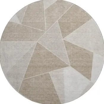 8' Taupe And Ivory Geometric Washable Round Rug With UV Protection