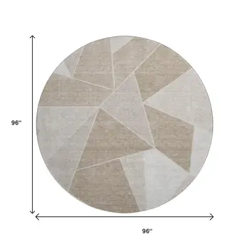 8' Taupe And Ivory Geometric Washable Round Rug With UV Protection
