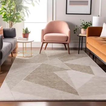 10' X 14' Taupe And Ivory Geometric Washable Area Rug With UV Protection