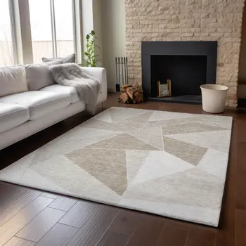 10' X 14' Taupe And Ivory Geometric Washable Area Rug With UV Protection