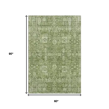 5' X 8' Artichoke Green And Ivory Floral Washable Area Rug With UV Protection