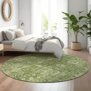 8' Artichoke Green And Ivory Floral Washable Round Rug With UV Protection