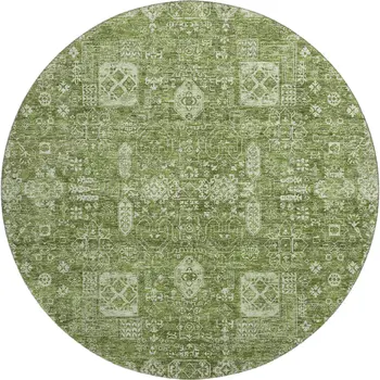 8' Artichoke Green And Ivory Floral Washable Round Rug With UV Protection