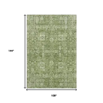 9' X 12' Artichoke Green And Ivory Floral Washable Area Rug With UV Protection