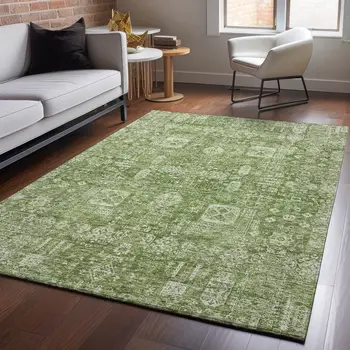 10' X 14' Artichoke Green And Ivory Floral Washable Area Rug With UV Protection