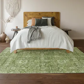 10' X 14' Artichoke Green And Ivory Floral Washable Area Rug With UV Protection