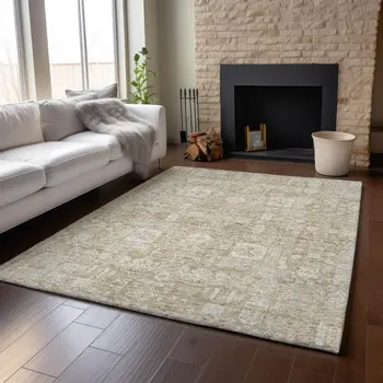 5' X 8' Beige And Ivory Floral Washable Area Rug With UV Protection