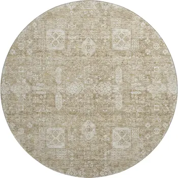 8' Beige And Ivory Floral Washable Round Rug With UV Protection
