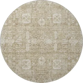 8' Beige And Ivory Floral Washable Round Rug With UV Protection