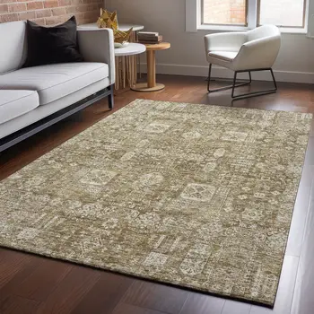 5' X 8' Brown And Ivory Floral Washable Area Rug With UV Protection