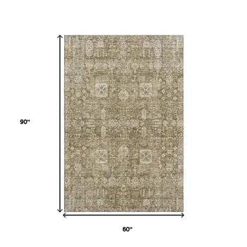 5' X 8' Brown And Ivory Floral Washable Area Rug With UV Protection