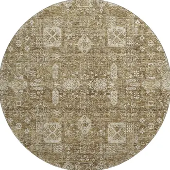 8' Brown And Ivory Floral Washable Round Rug With UV Protection
