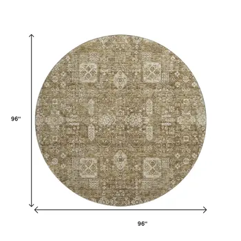 8' Brown And Ivory Floral Washable Round Rug With UV Protection