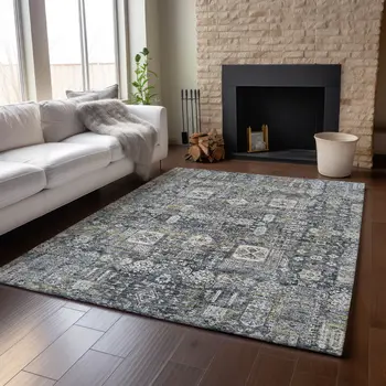 5' X 8' Charcoal Ivory And Gold Floral Washable Area Rug With UV Protection