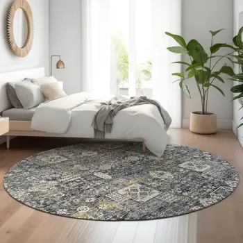 8' Charcoal Ivory And Gold Floral Washable Round Rug With UV Protection