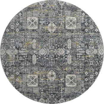 8' Charcoal Ivory And Gold Floral Washable Round Rug With UV Protection