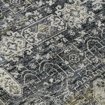 9' X 12' Charcoal Ivory And Gold Floral Washable Area Rug With UV Protection