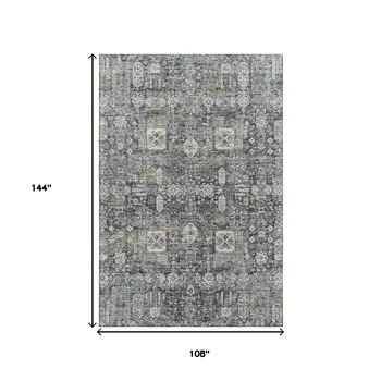 9' X 12' Charcoal Ivory And Gold Floral Washable Area Rug With UV Protection