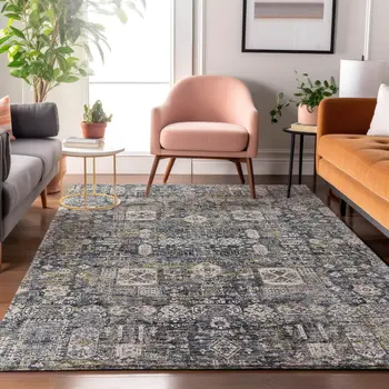 10' X 14' Charcoal Ivory And Gold Floral Washable Area Rug With UV Protection