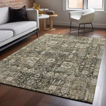5' X 8' Coffee Ivory And Gold Floral Washable Area Rug With UV Protection