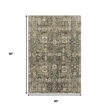 5' X 8' Coffee Ivory And Gold Floral Washable Area Rug With UV Protection