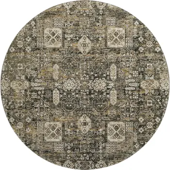 8' Coffee Ivory And Gold Floral Washable Round Rug With UV Protection