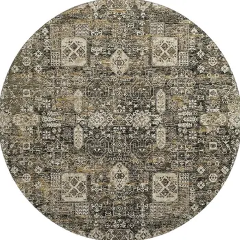 8' Coffee Ivory And Gold Floral Washable Round Rug With UV Protection