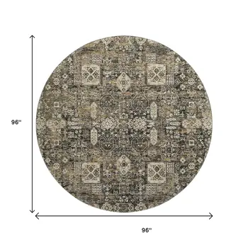 8' Coffee Ivory And Gold Floral Washable Round Rug With UV Protection