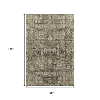8' X 10' Coffee Ivory And Gold Floral Washable Area Rug With UV Protection