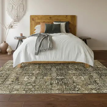 9' X 12' Coffee Ivory And Gold Floral Washable Area Rug With UV Protection