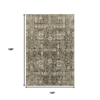 10' X 14' Coffee Ivory And Gold Floral Washable Area Rug With UV Protection