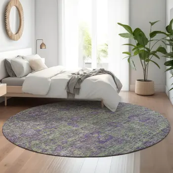 8' Fern Green And Purple Floral Washable Round Rug With UV Protection
