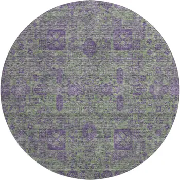 8' Fern Green And Purple Floral Washable Round Rug With UV Protection