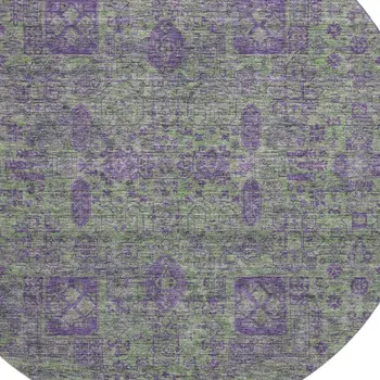 8' Fern Green And Purple Floral Washable Round Rug With UV Protection