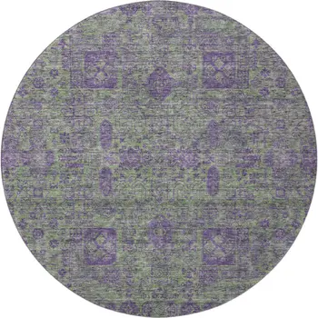 8' Fern Green And Purple Floral Washable Round Rug With UV Protection