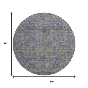 8' Fern Green And Purple Floral Washable Round Rug With UV Protection
