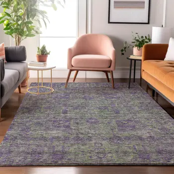 8' X 10' Fern Green And Purple Floral Washable Area Rug With UV Protection