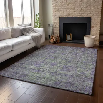 8' X 10' Fern Green And Purple Floral Washable Area Rug With UV Protection