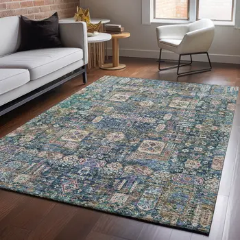 5' X 8' Green Blue And Beige Floral Washable Area Rug With UV Protection