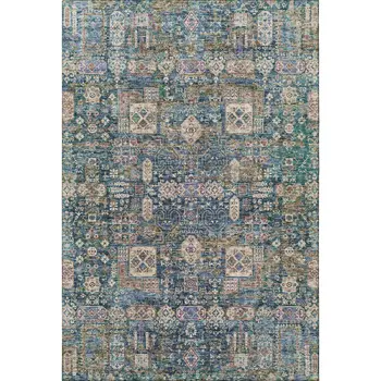 5' X 8' Green Blue And Beige Floral Washable Area Rug With UV Protection