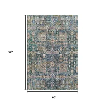 5' X 8' Green Blue And Beige Floral Washable Area Rug With UV Protection